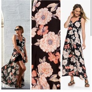 Roxy Floral Black and Pink Maxi Dress